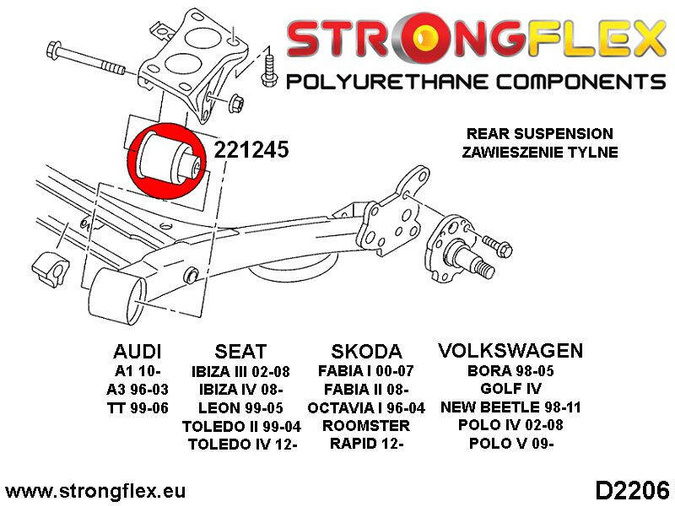 Tuleja tylnej belki 69mm SPORT A3 / S3 / RS3 TT / TTS / TTRS A1 / S1 Ibiza Leon Toledo Roomster 5J (06-15) Fabia Rapid NH (12-) Bora Polo Beetle (11-19) Octavia Golf New Beetle (97-10) Cordoba Fox 5Z (04-11)